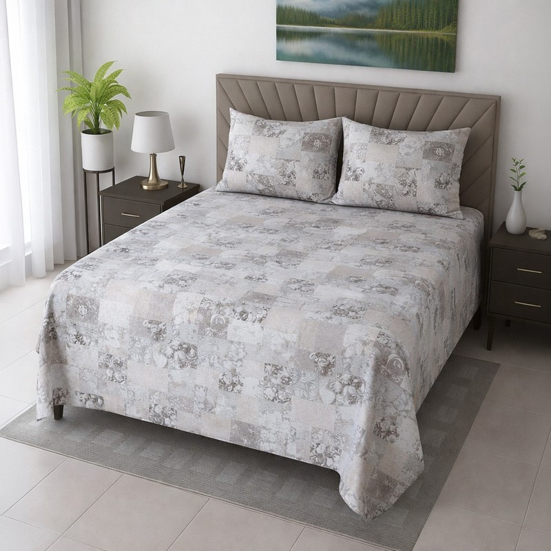 Floral Retreat Cotton Bedsheet (Grey) - 400 TC - King