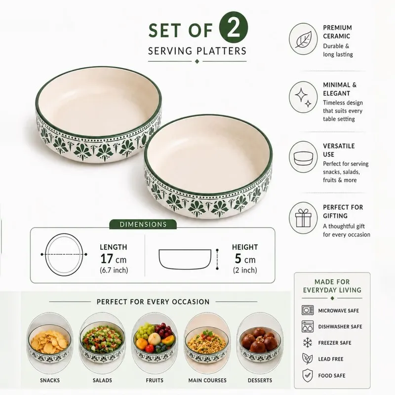 Two green floral ceramic bowls shown against a white background