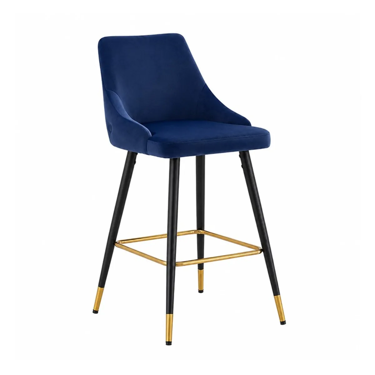 Angled view of a blue velvet bar chair with black legs and gold accents