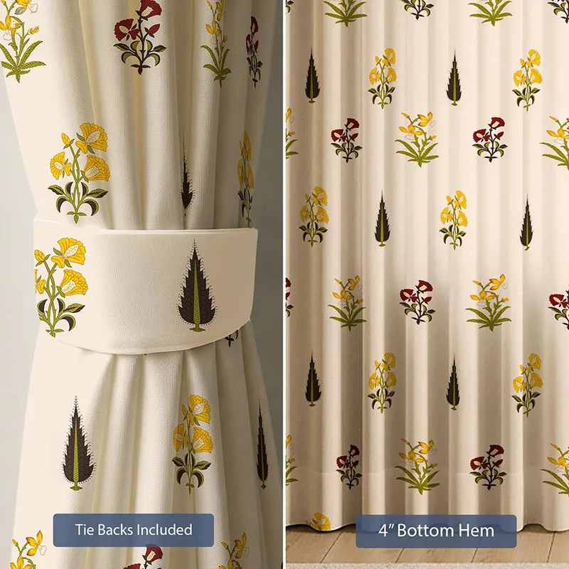 Close view of floral curtain fabric with matching tie-back