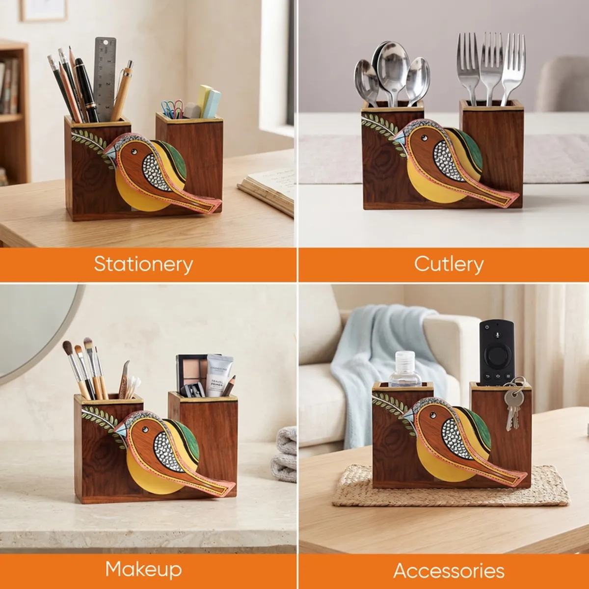 Wooden sparrow holder shown with stationery, cutlery, makeup brushes and accessories.