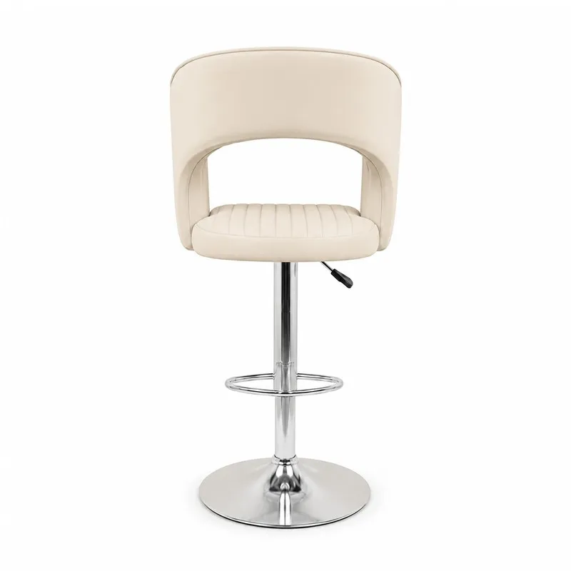 Back view of off white upholstered bar chair with chrome base and footrest