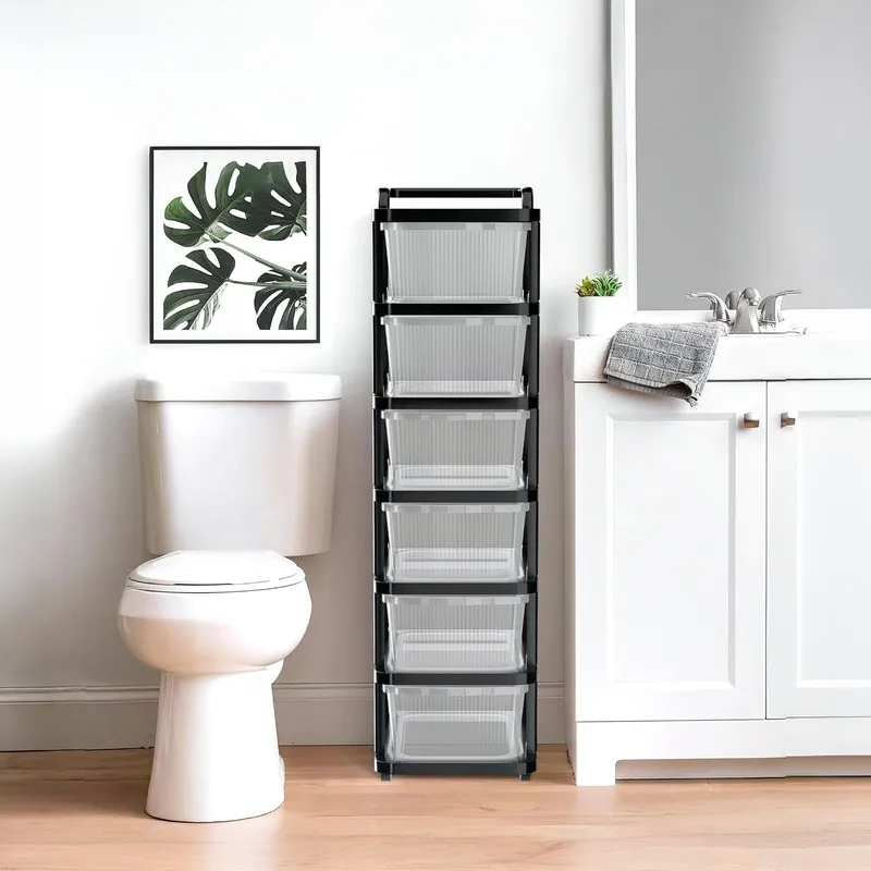 Black storage rack with transparent drawers shown in a bright bathroom