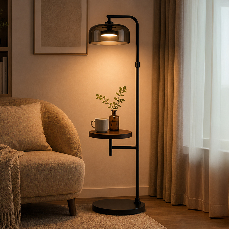 Modern Floor Lamp with Wooden Side Table