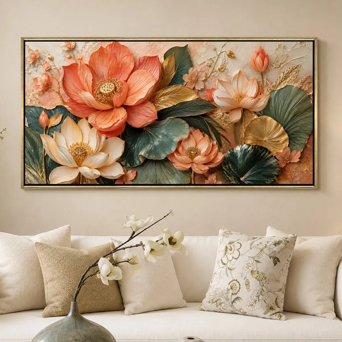 Large floral lotus wall painting displayed above a white sofa