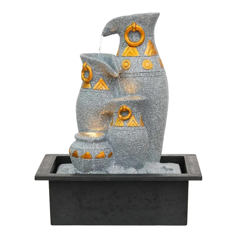Front product shot of the grey and gold earthen pitcher fountain on a white background.