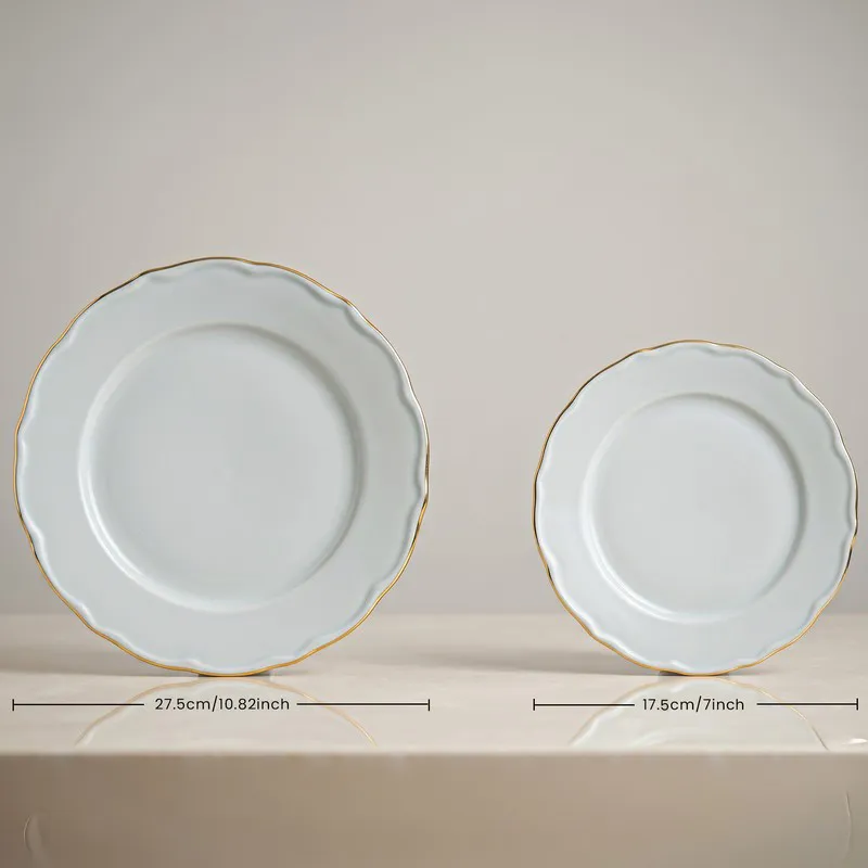 Large and small white plates with gold rims shown side by side