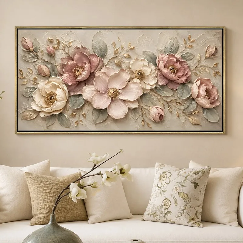 Large blush floral canvas wall art displayed above a sofa