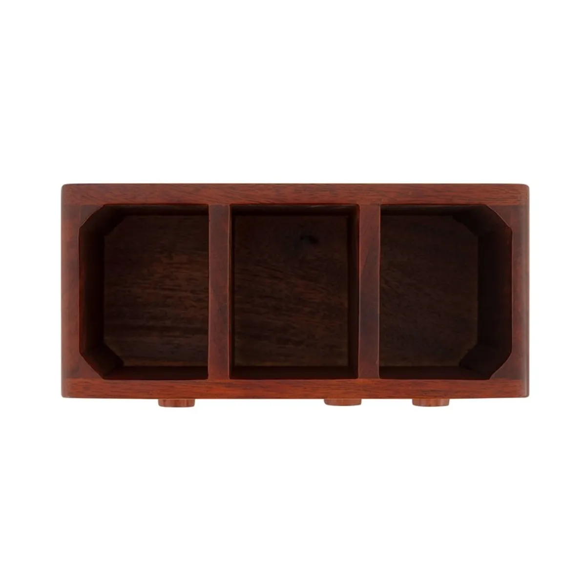 Top view of rectangular wooden cutlery stand with three compartments