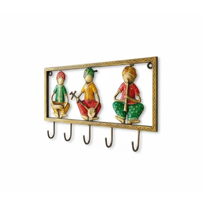 Angled view of hand-painted metal wall hook holder with colourful figures