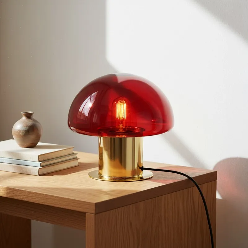 Red and gold mushroom table lamp glowing on a wooden side table beside books