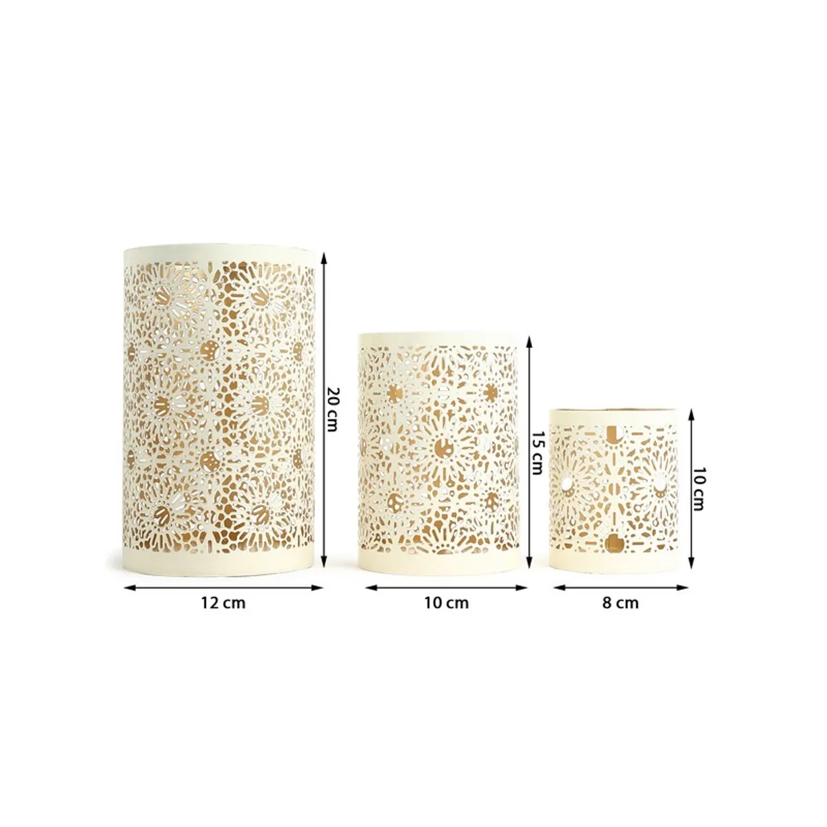 Three white lattice candle holders shown with arrows indicating their different heights