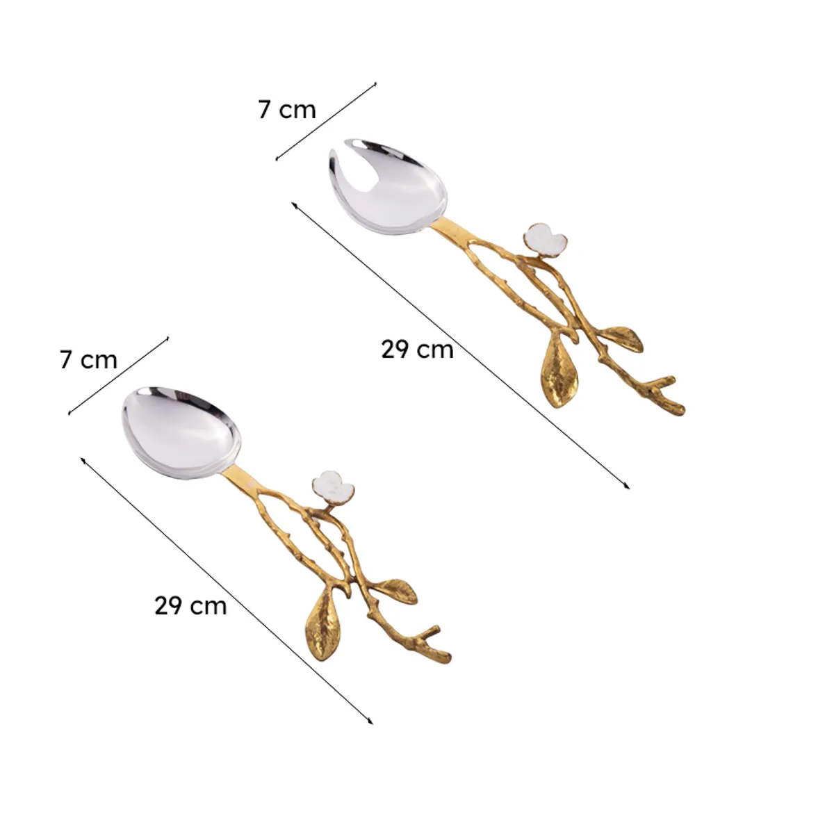 Two floral branch salad servers shown with dimension markings
