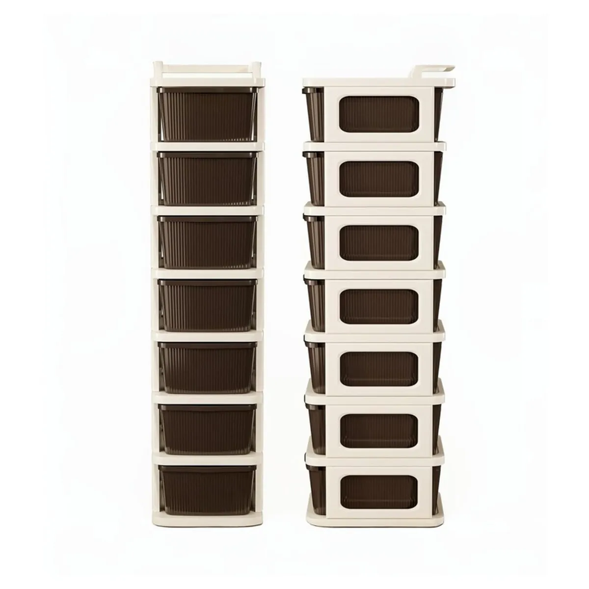 Two views of a tall white and brown seven-tier drawer storage rack