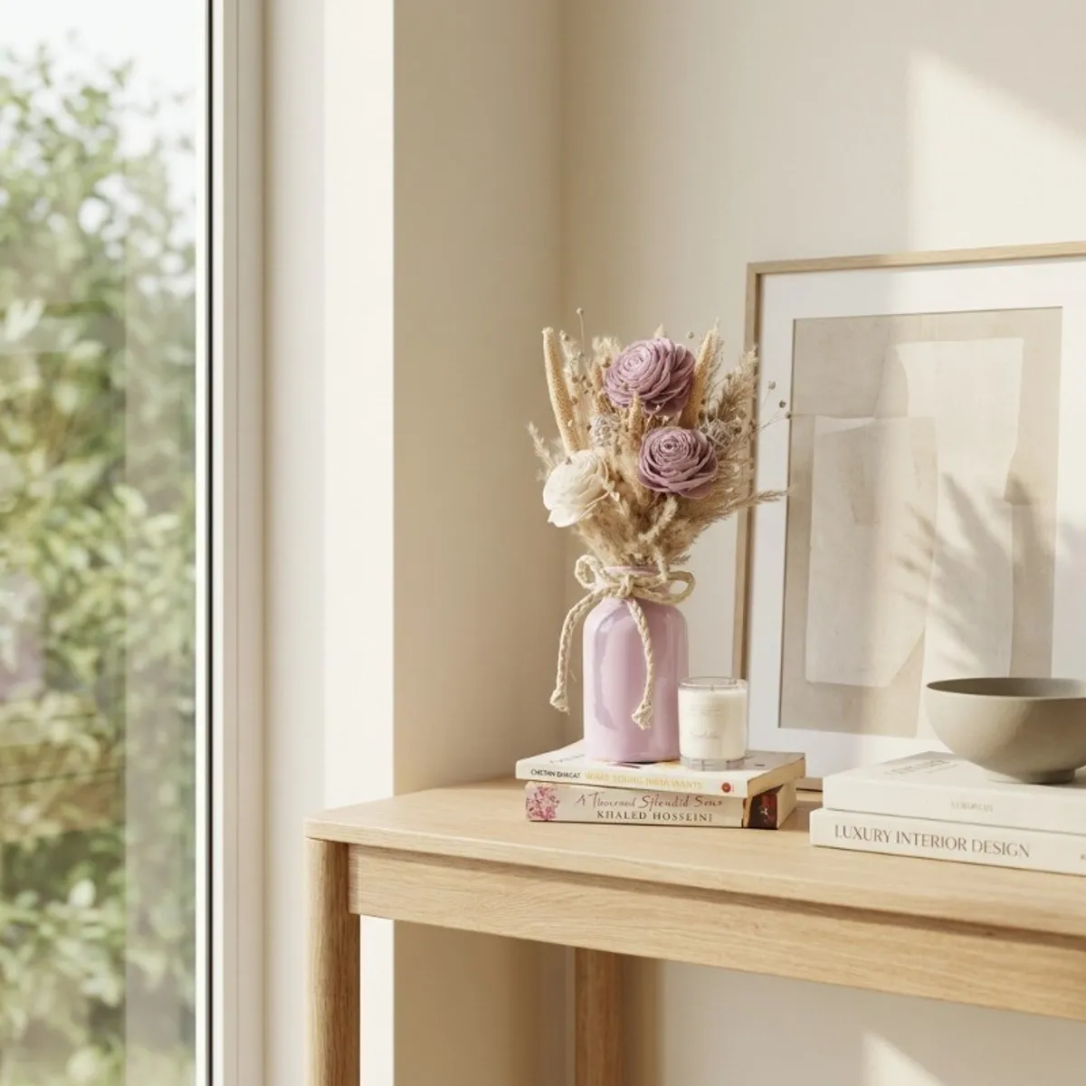 Dried flower bunch in a lavender vase styled on a contemporary console table.