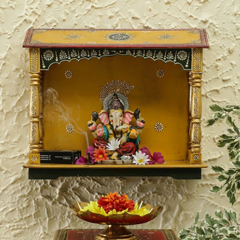 Mahogany Darbar Mango Wood & MDF Mandir - Yellow