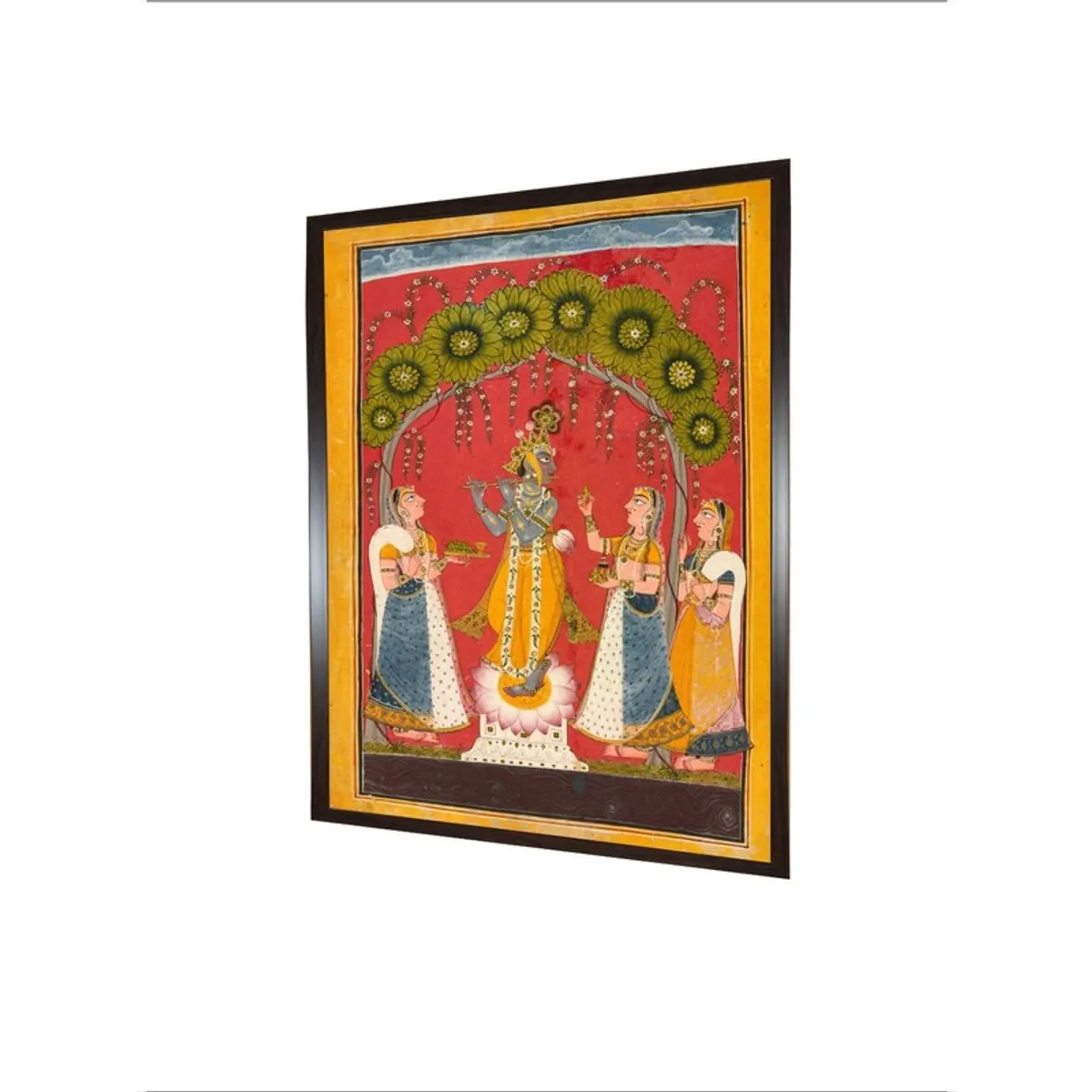Angled view of framed Krishna devotees canvas painting with ornate Indian-style artwork