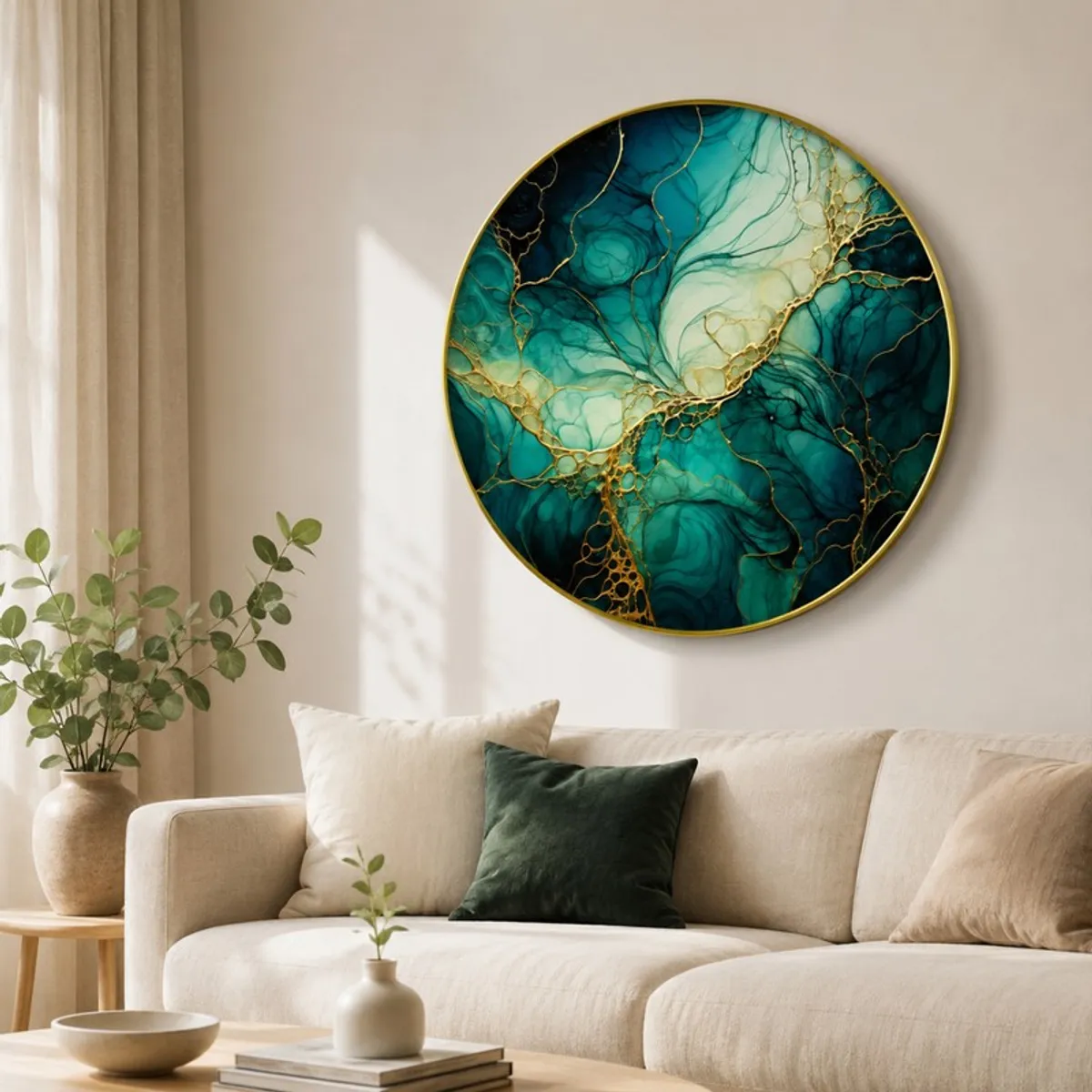 Round abstract green wall art with gold detailing displayed above a cream sofa