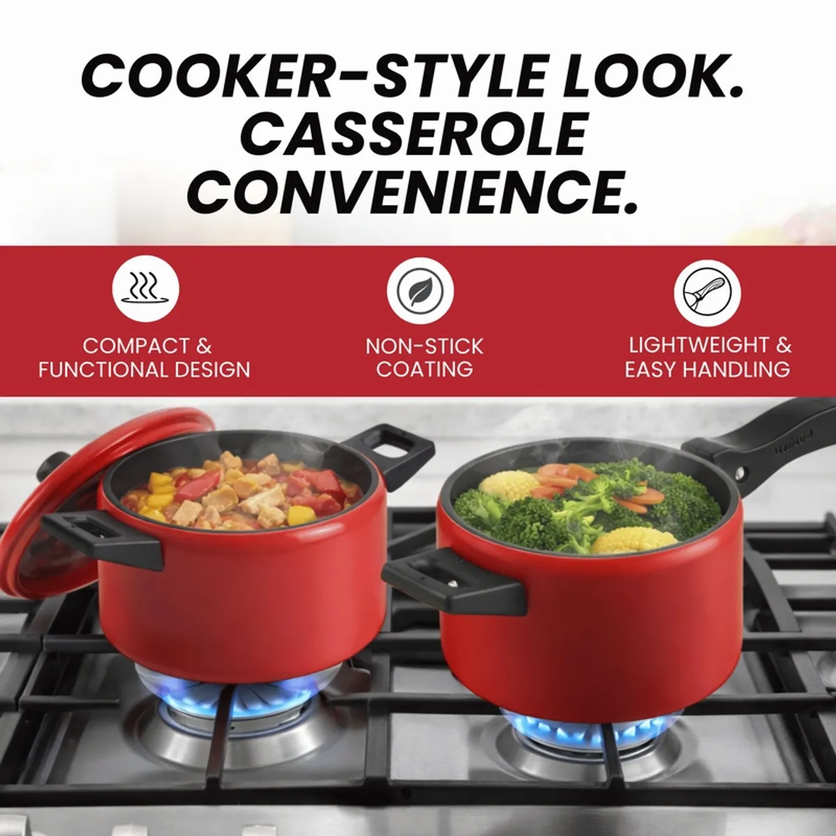Two red lidded cookware pieces shown cooking on a gas stove