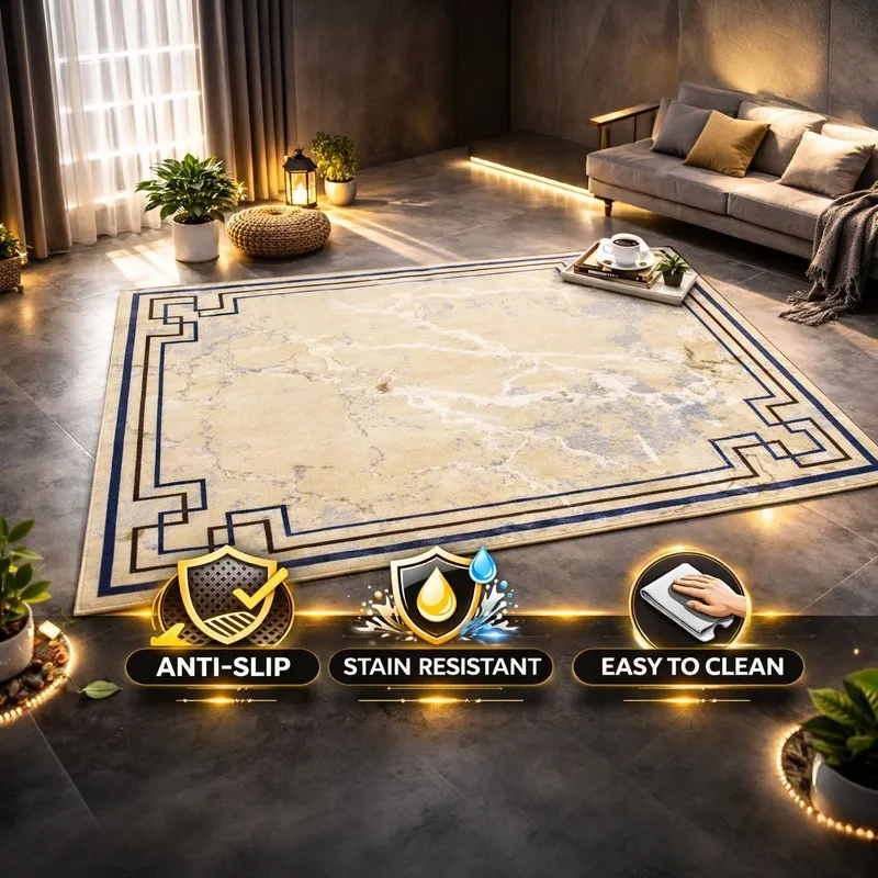 Beige abstract carpet with dark border shown in a styled room