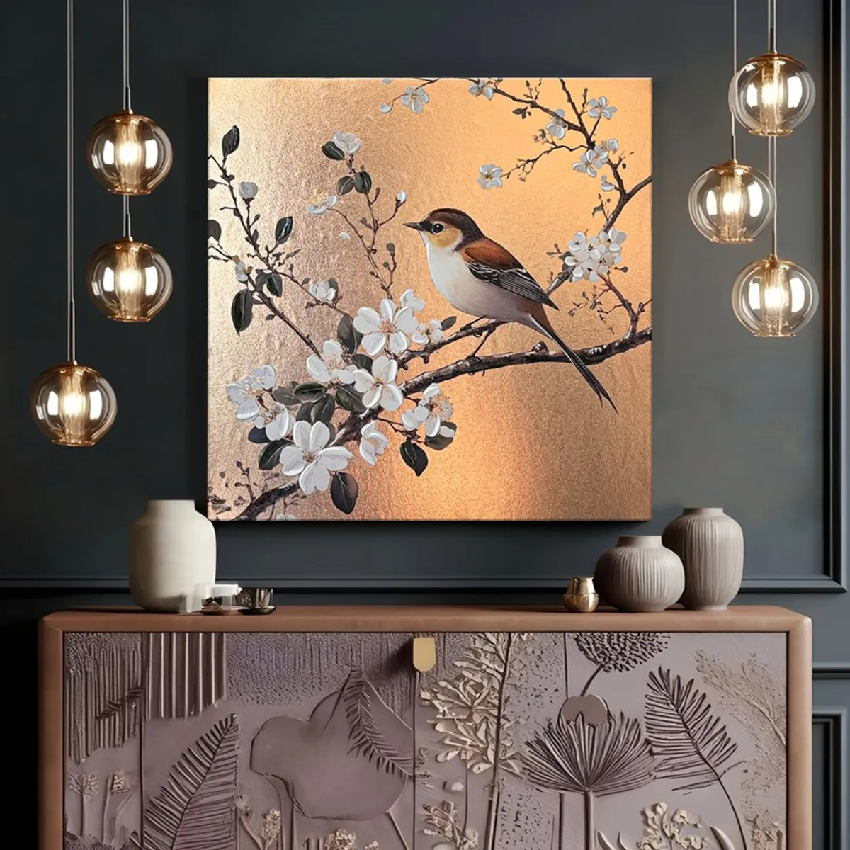 Square bird and floral canvas displayed on a dark accent wall
