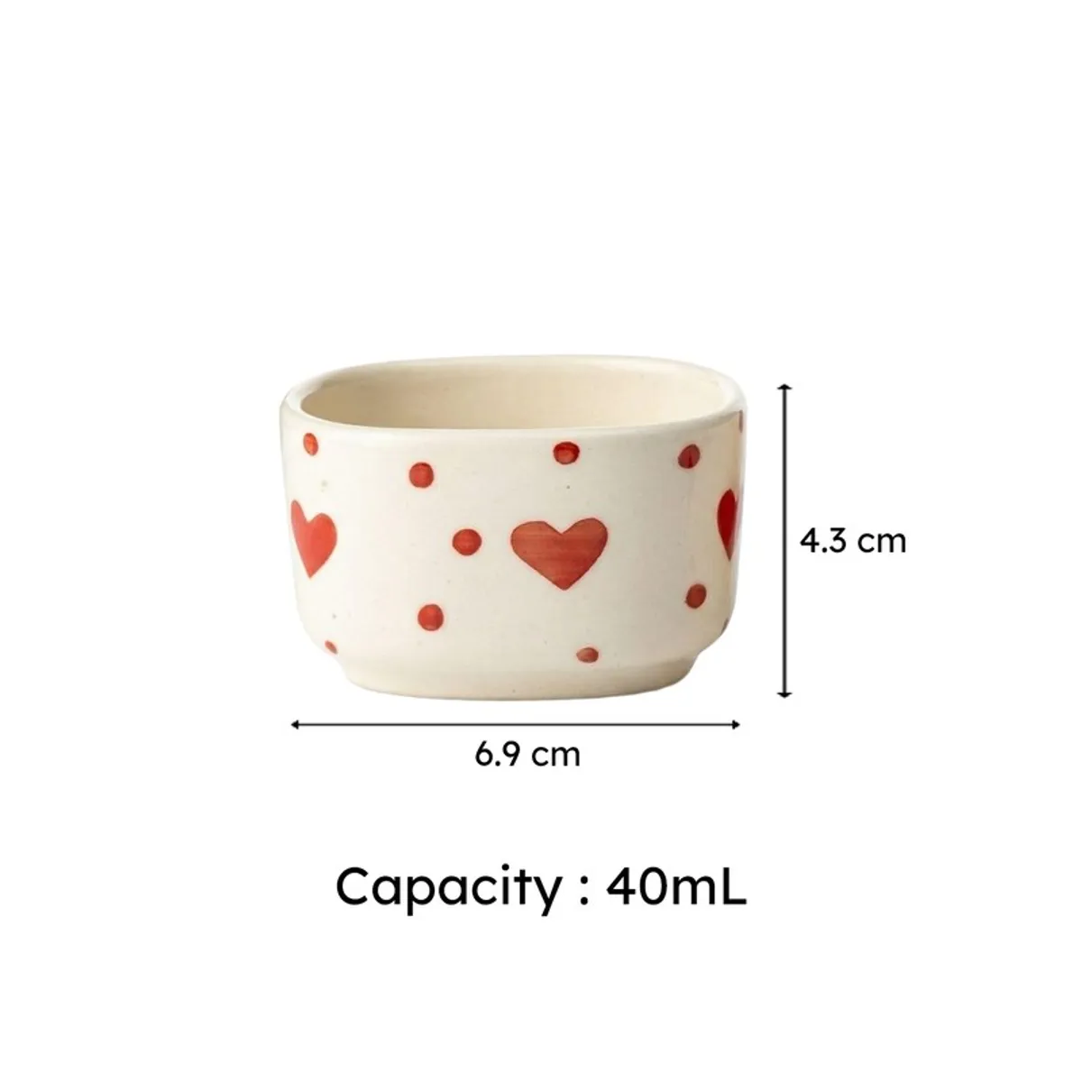 Single white ceramic dip bowl with red heart motifs and capacity shown visually