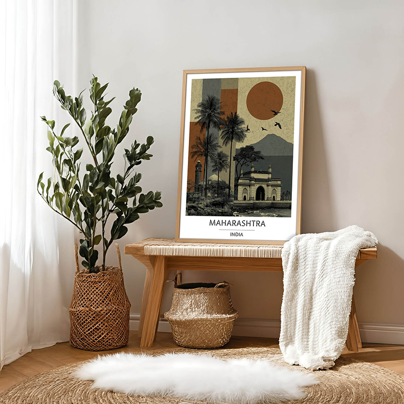 Sunset Palms of Maharashtra Wall Art With Brown Frame - Small