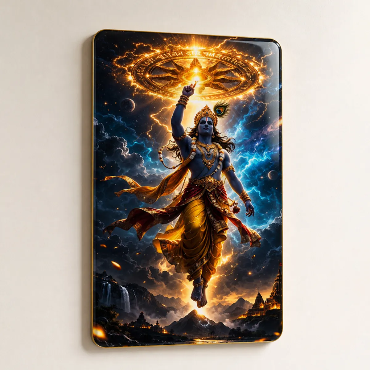 Close view of framed Krishna wall art with glowing Sudarshan Chakra and cosmic sky