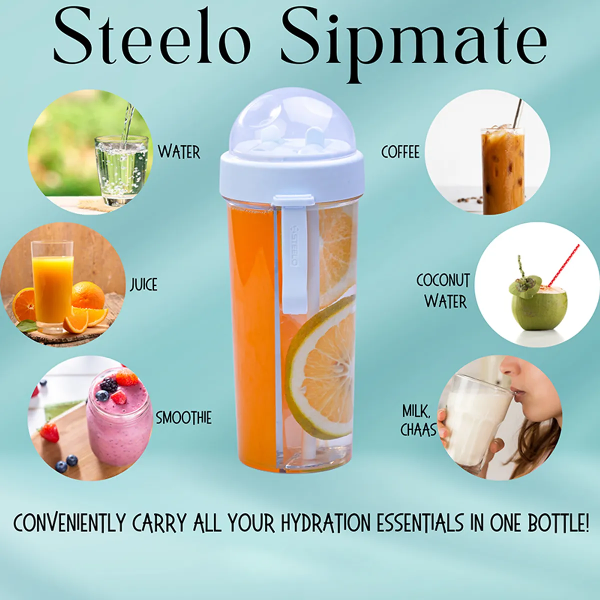 Dual-compartment bottle shown with water, juice, coffee, smoothie and other drinks