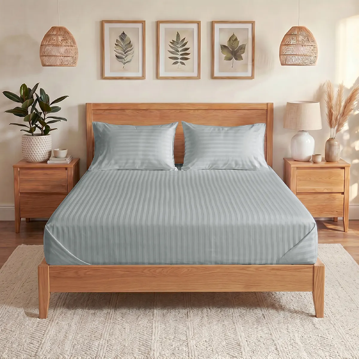 Grey striped cotton bedsheet styled on a wooden bed with matching pillows