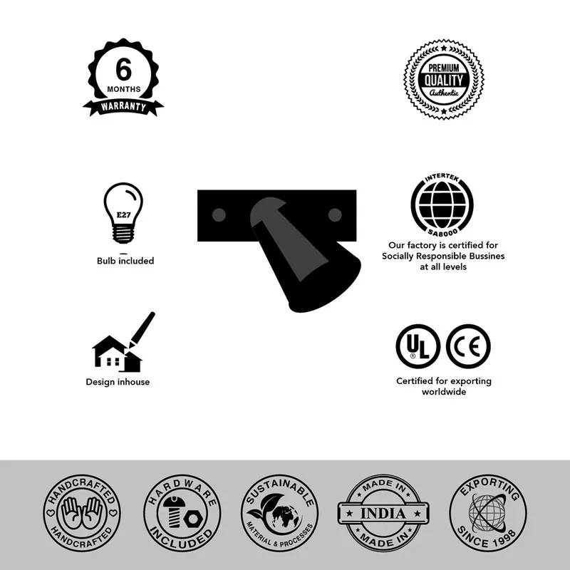 Wall lamp product graphic with feature icons on a plain background