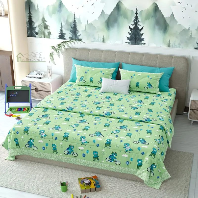 Wheels Land Printed Cotton Kids Bedsheet (Green) - 120 TC