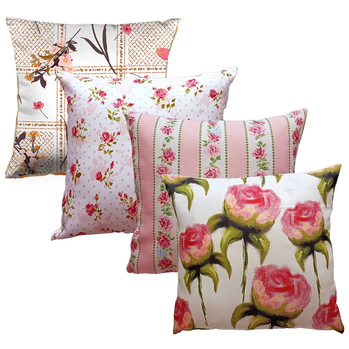 Four square floral cushion covers shown together against a white background