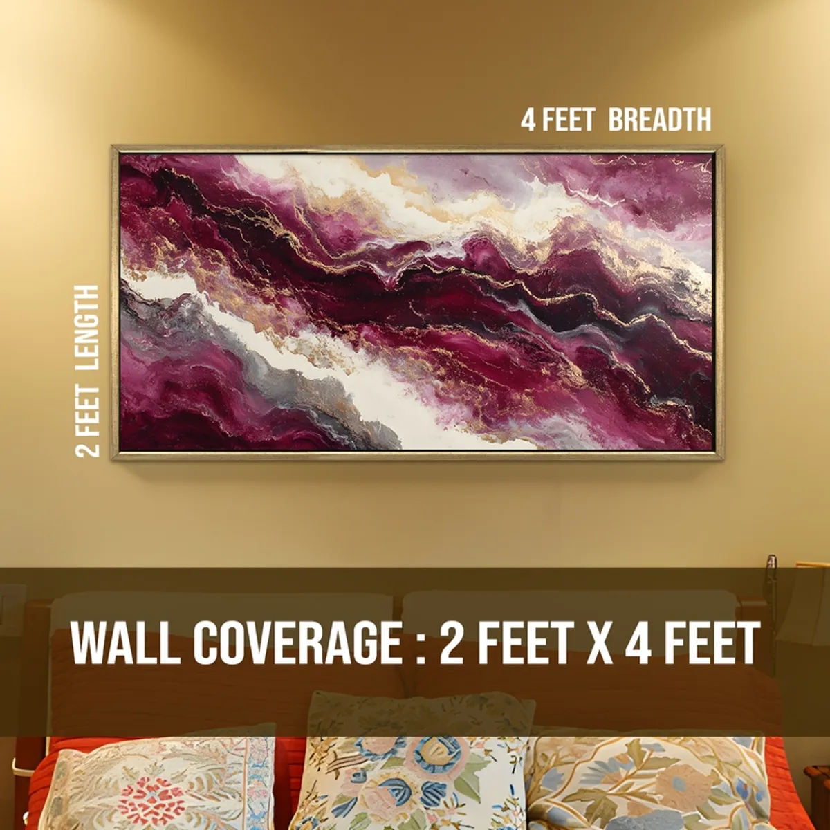 Large rectangular abstract wall painting in plum, white and gold