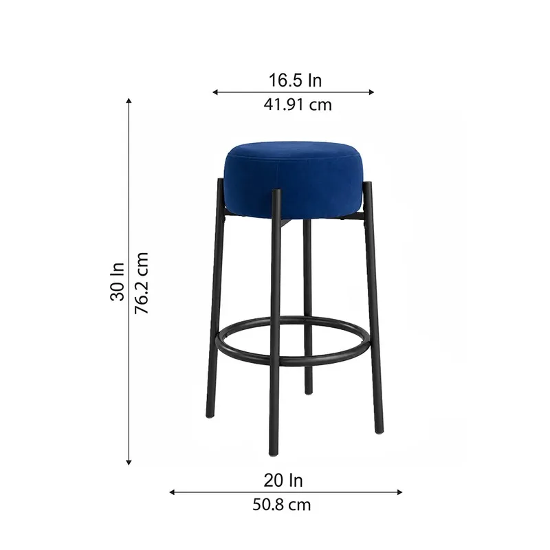 Blue bar stool with black frame and printed size annotations