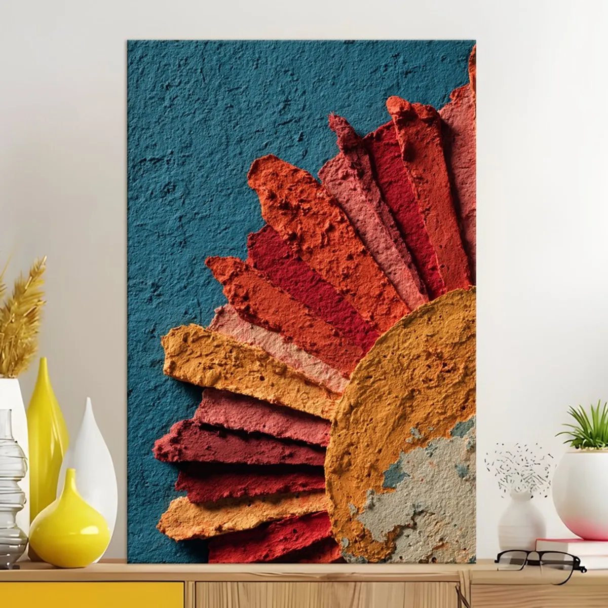 Abstract multicolour canvas wall painting displayed on a console table