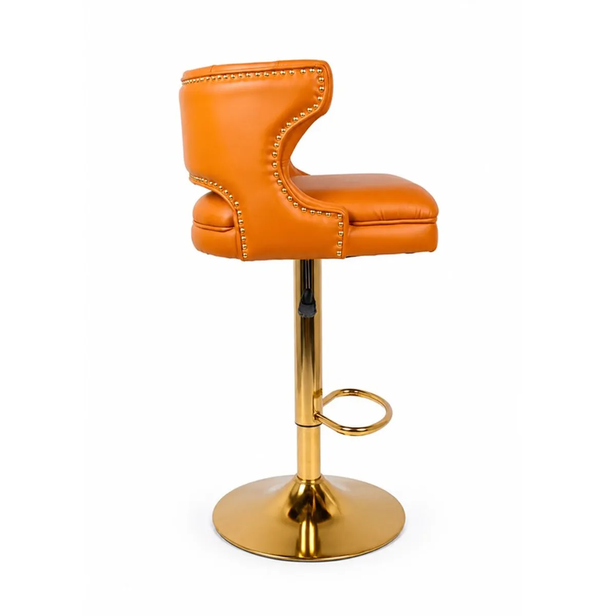 Side view showing the curved orange back and gold footrest of the bar stool