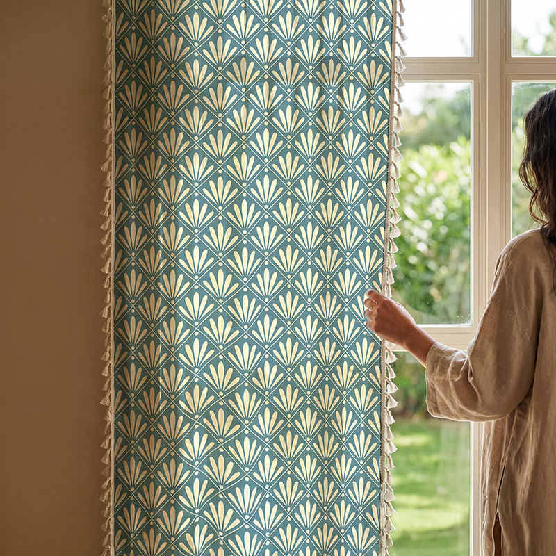 Amaya Dusty Tasseled Cotton Curtain - Blue - Door - 8 Feet