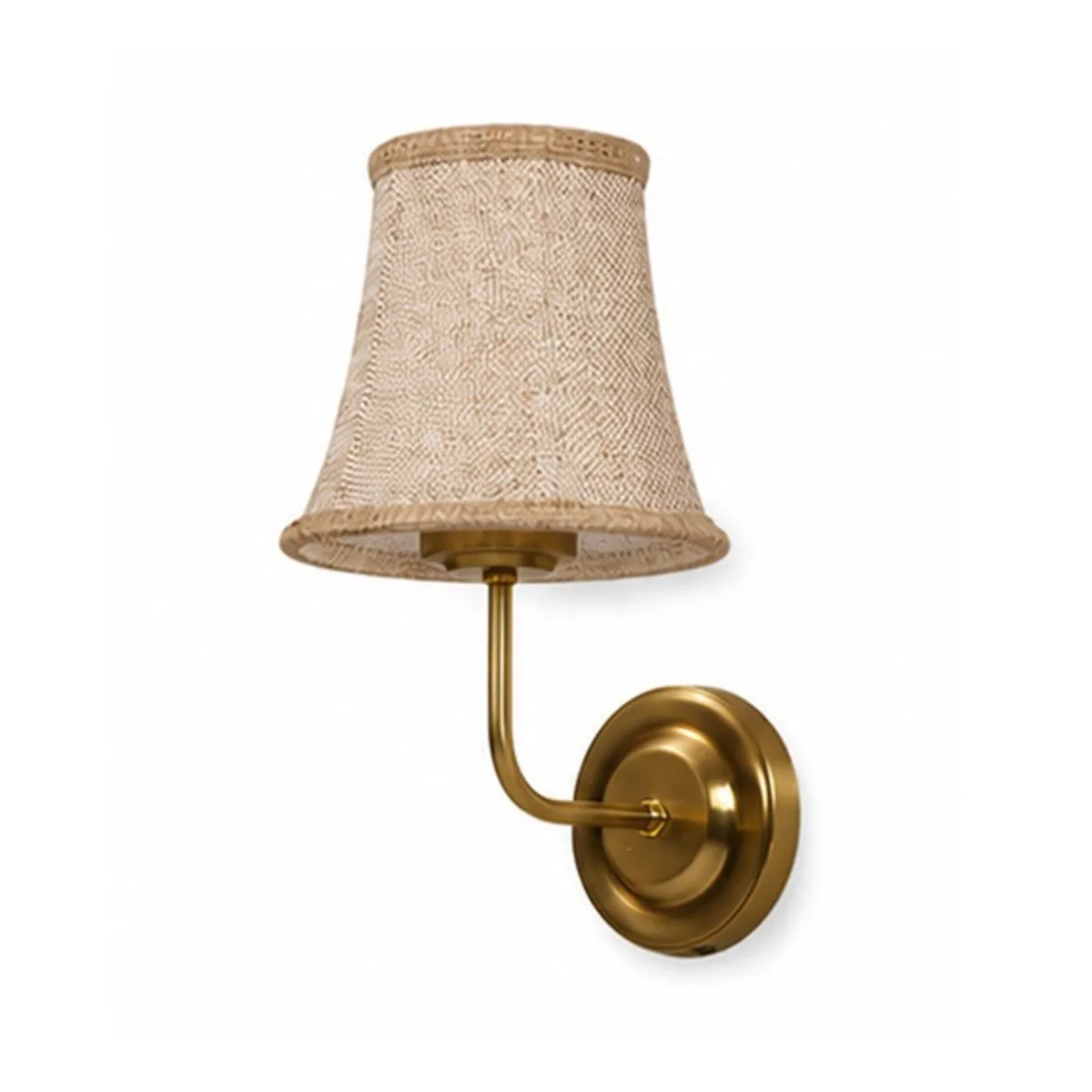 Isolated beige jute wall lamp with a gold-toned circular wall base