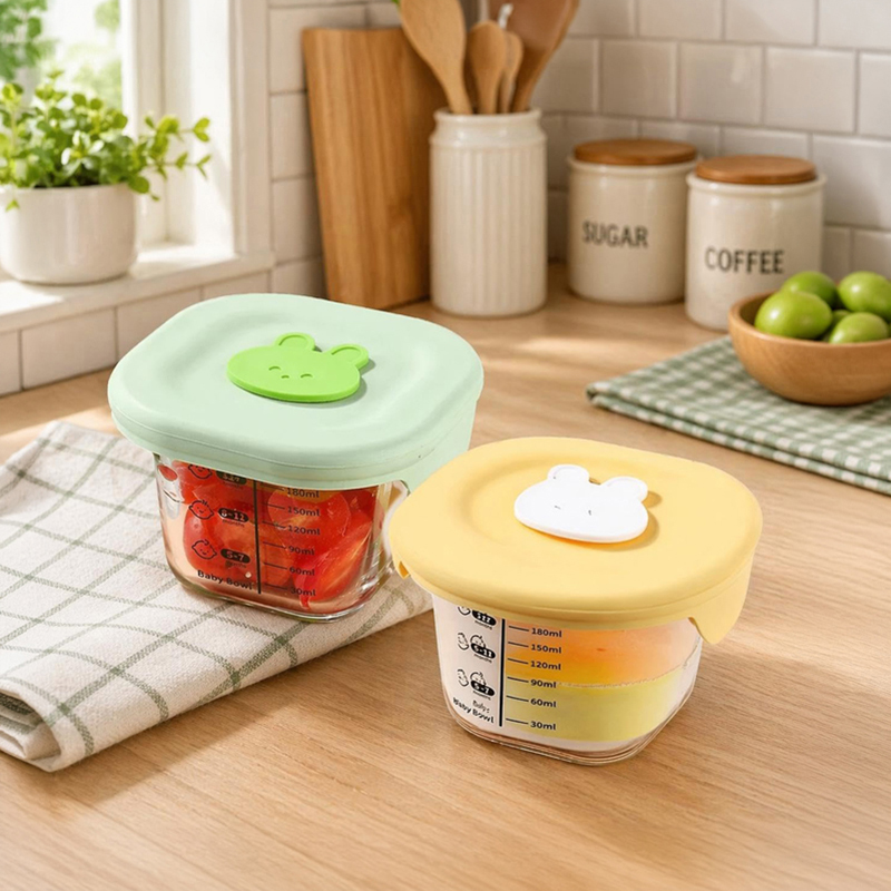 Harvest Treasure Leak Proof Glass Container (Green,Beige/180 mL) - Set of Two