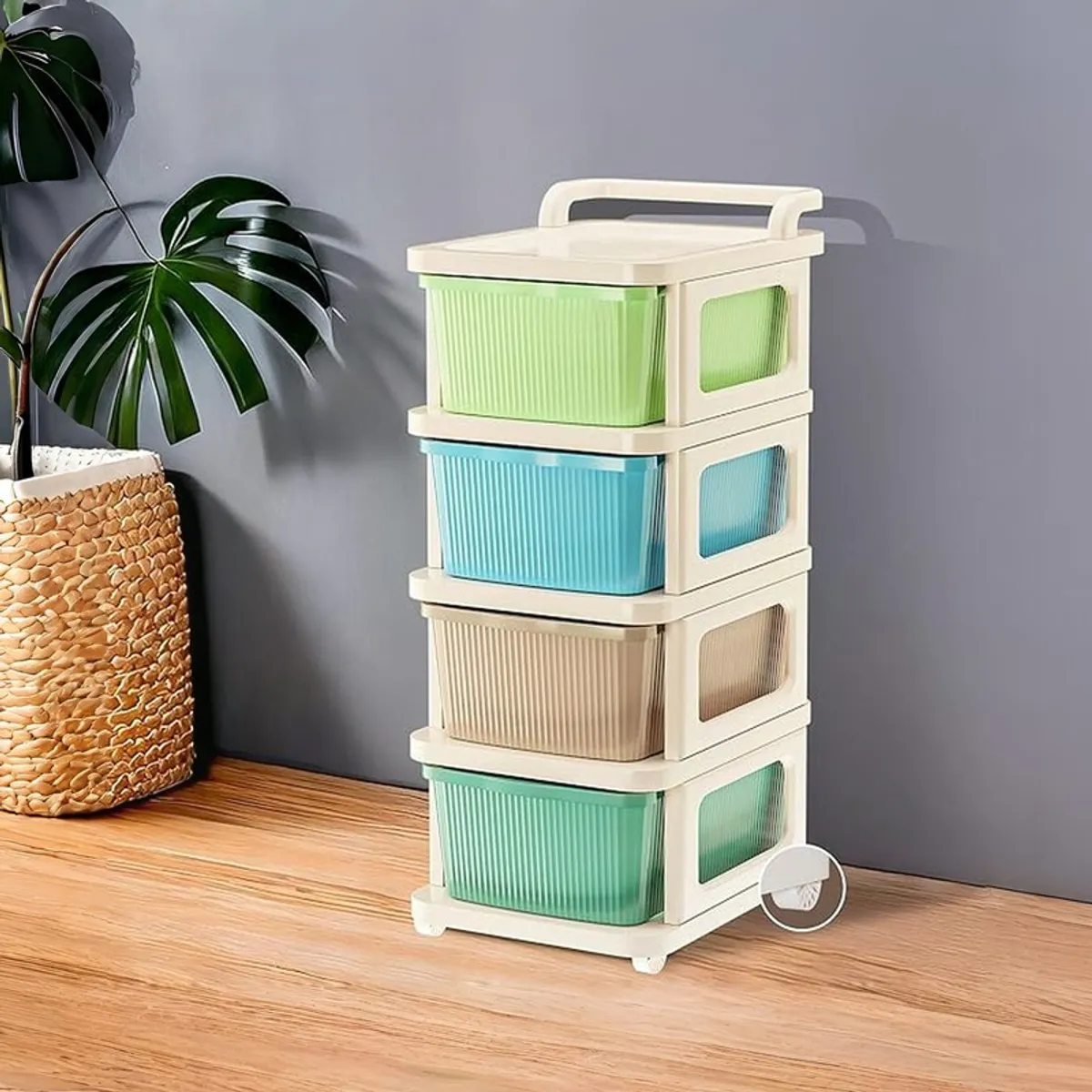 Multicolour drawer storage rack with wheels against a grey wall
