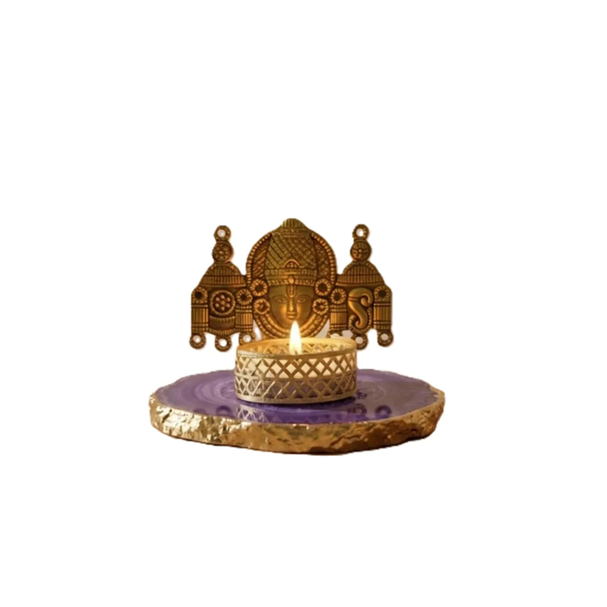 Purple agate tea light holder with gold-toned temple motif on a white background