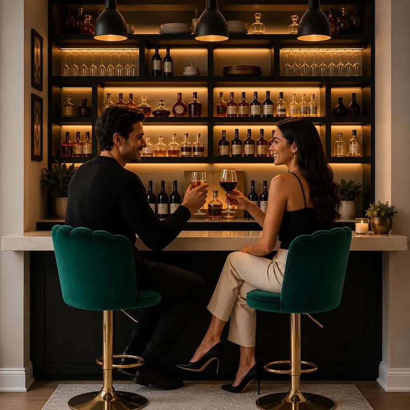 Two green velvet bar chairs with gold-toned bases placed at a home bar