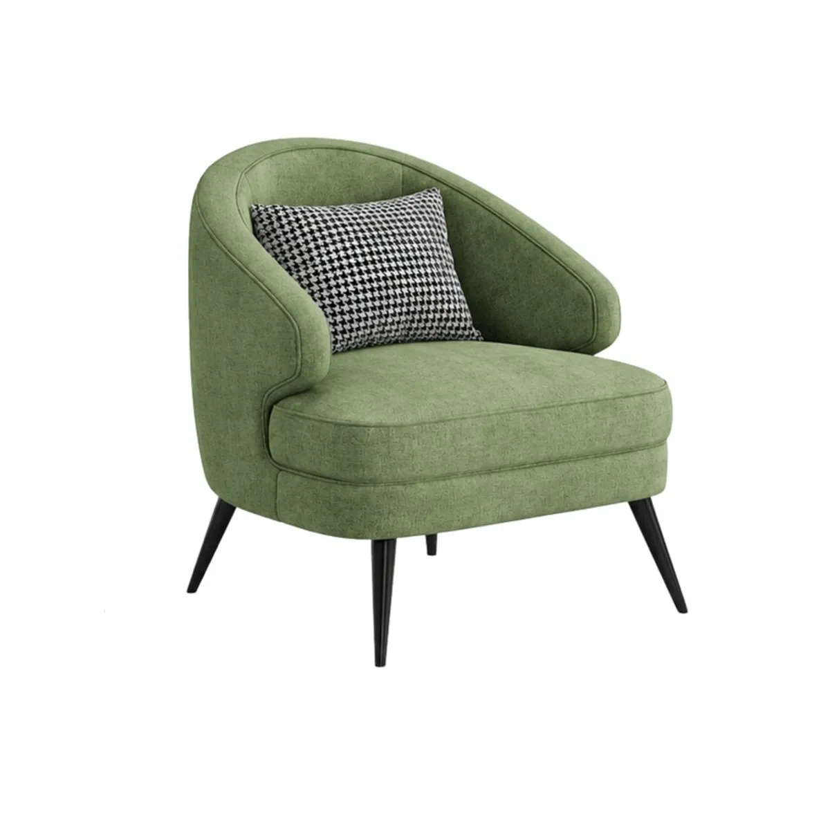 Three-quarter view of a sage green upholstered accent chair