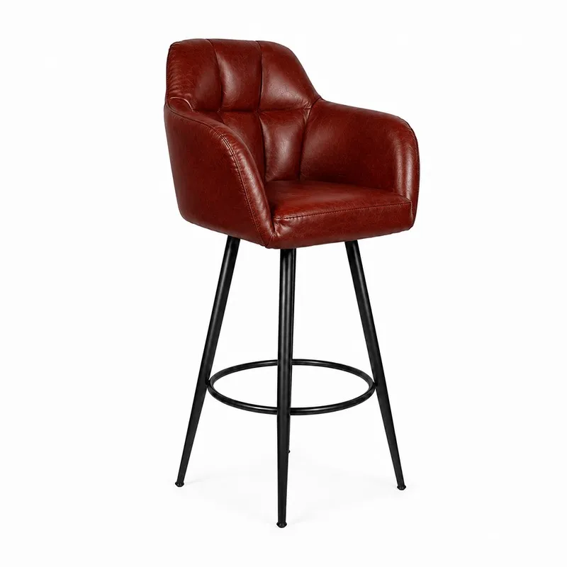 Angled view of a brown upholstered bar chair with black metal legs