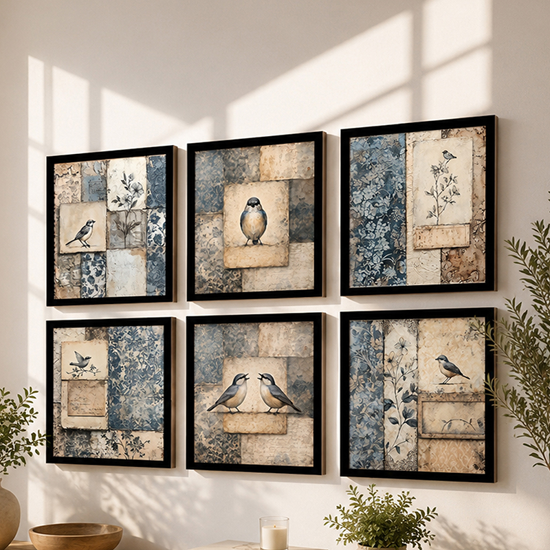 Weathered Nest Paper Wall Painting With Frame - Set Of Six