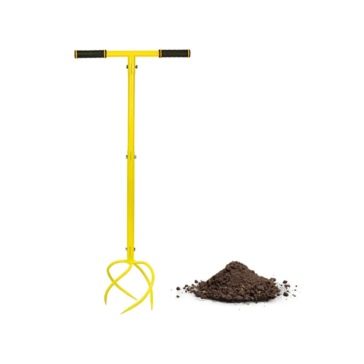 Yellow soil auger shown beside a pile of soil on a white background