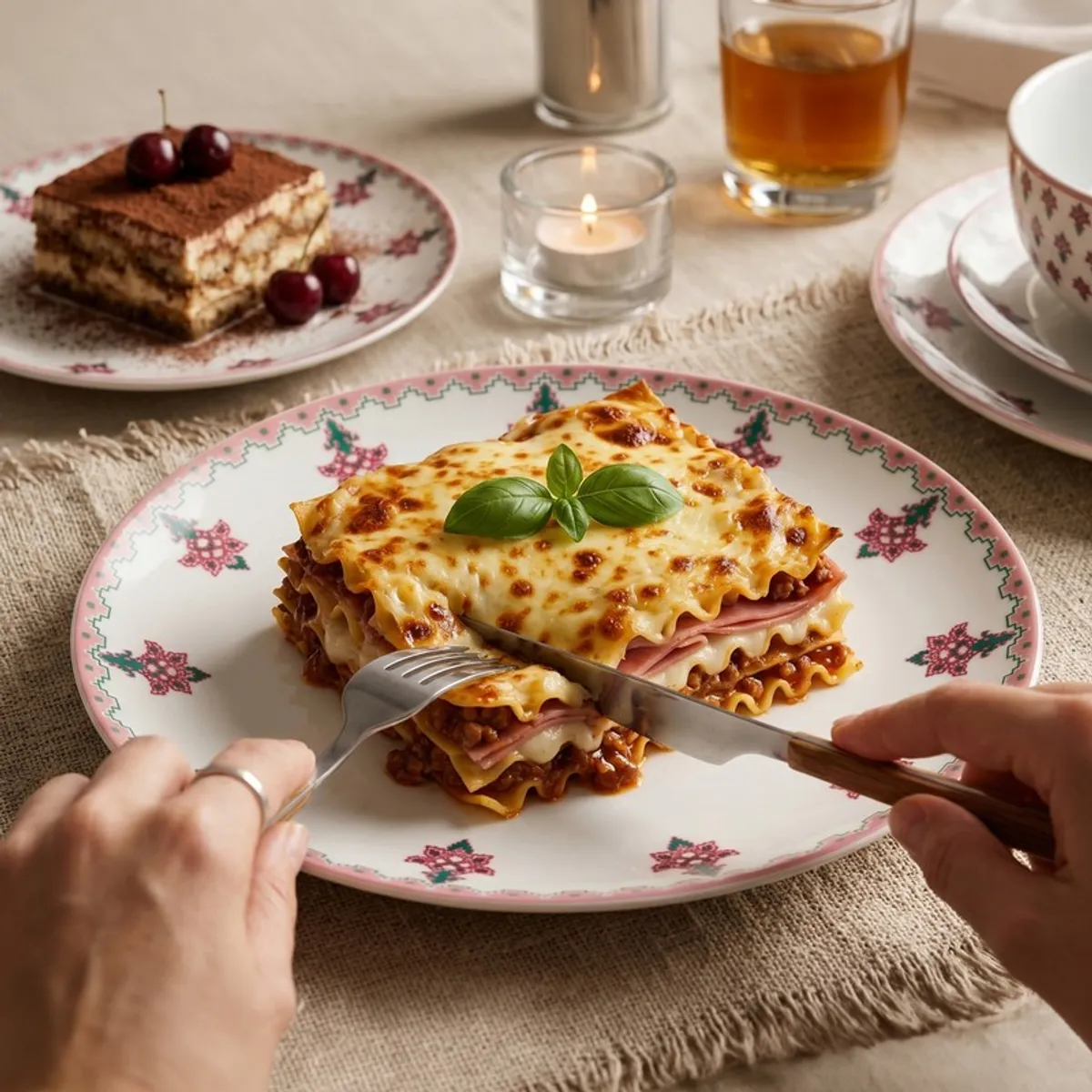 Large floral dinner plate from the set styled with a serving of lasagne