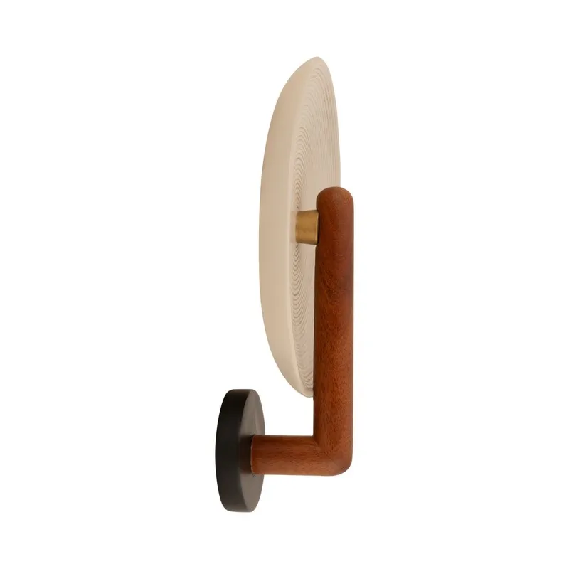Side profile of wood wall lamp on a white background