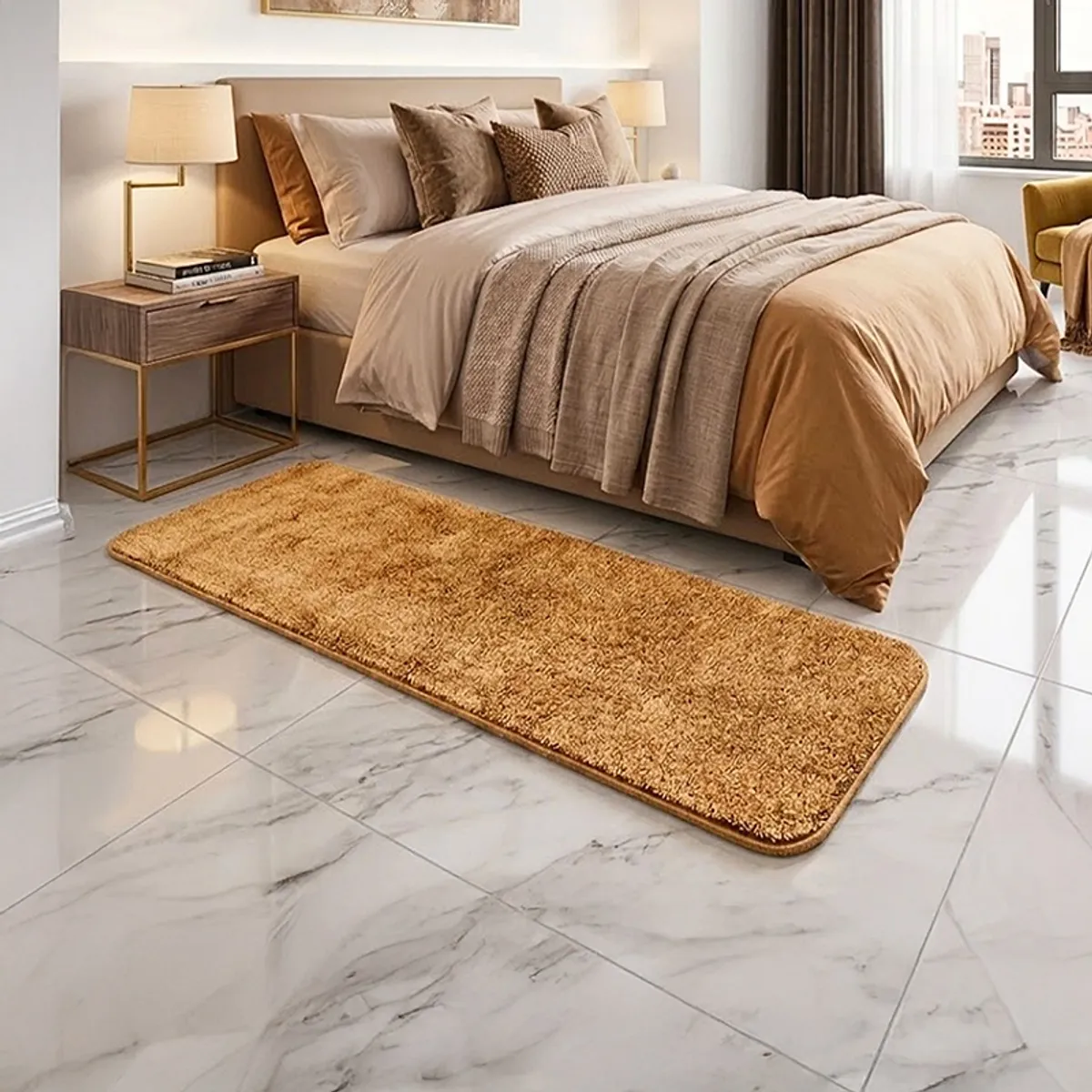 Gold runner rug placed beside a bed in a contemporary bedroom